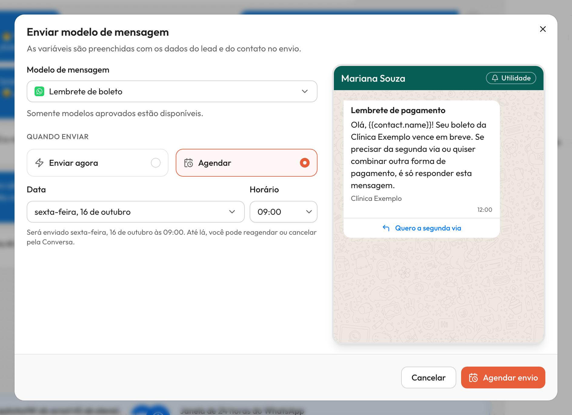 Diálogo 'Enviar modelo de mensagem' com o modelo 'Lembrete de boleto' selecionado e a prévia à direita. Em 'Quando enviar', a opção 'Agendar' marcada, a data 'sexta-feira, 16 de outubro', o horário '09:00', a linha 'Será enviado sexta-feira, 16 de outubro às 09:00' e o botão 'Agendar envio'.