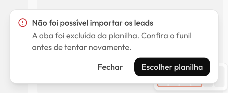 Aviso de falha 'Não foi possível importar os leads' para a planilha fictícia, explicando que a aba foi removida e oferecendo a ação 'Escolher planilha'.