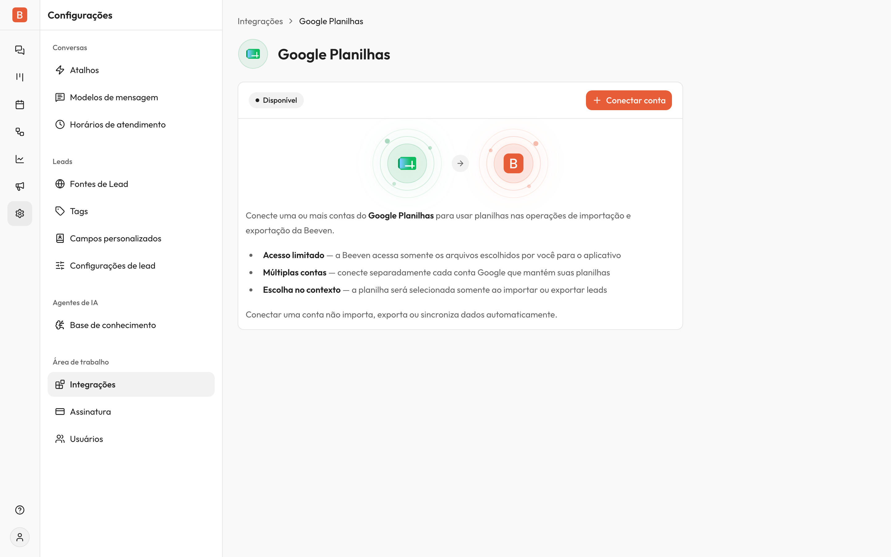 Página da integração Google Planilhas em Configurações → Integrações, com o status 'Disponível', a explicação de que as contas conectadas são usadas nas operações de importação e exportação e o botão 'Conectar conta'.