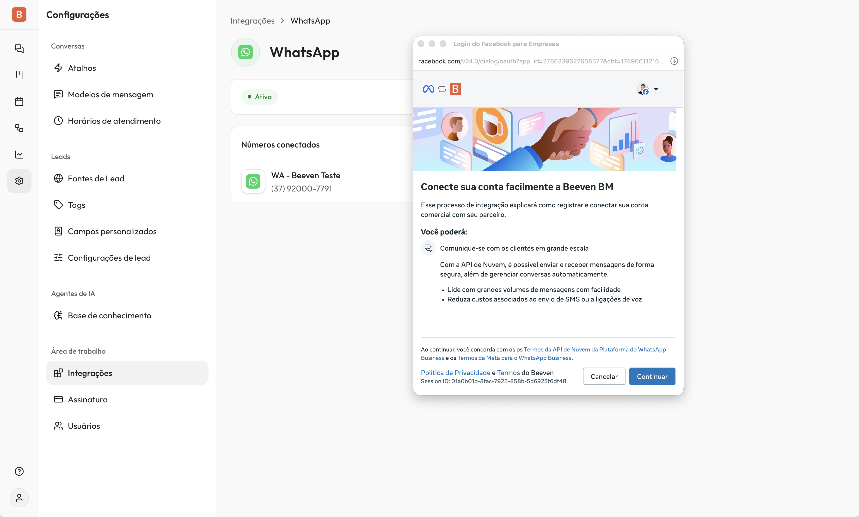 Tela do WhatsApp em Integrações com o botão 'Conectar número' em destaque e a janela de login da Meta sobreposta.